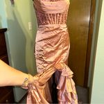 NWOT pink satin mermaid prom dress strapless corset lace up back front slit 4 Photo 5
