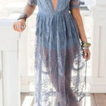 Honey Punch Mila Lace Maxi Romper Dress Dusty Blue size medium Photo 0