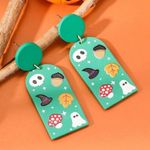 🌸 4 for $20 Halloween Skull & Hat Ghost Printed Clay Texture Acrylic Earrings Green Photo 4