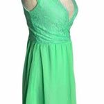Enlin Deep V Lace Chiffon Mini Dress S Green Cap Sleeve Lined Zip NEW Photo 4