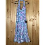 Lulus NWT  Malani Light Blue Floral Satin Sash Midi Dress Halter Wedding Size S Photo 1