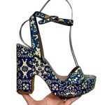 Tabitha Simmons Calla Blue & Ecru Floral Printed Leather Platform Heels Sandals Size 8 Photo 2
