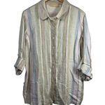 Kate Hill Top Women 2X Plus Size Tan Stripe 100% Linen Button Up Roll Tab Coast Photo 0