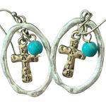 Faith Cross Earrings Turquoise Bead‎ Dangle Silver Tone Religious Jewelry Photo 0