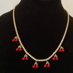 Rhinestone Cherry Charm Necklace Gold Photo 4