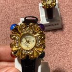 2 Rumours Watch Womens 28mm Gold Tone Crystal Bezel Braided Leather Vintage Black Photo 1