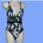 Nicole Miller  Black and White Leaf Print Swimsuit Size 6 Photo 5