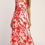 Lulu’s Front Page Hues Coral Multi Floral Print Satin Midi Dress Size Medium Orange Photo 0