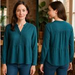 Jacqueline Riu Blouse Striped‎ Button Down Long Sleeve Teal Green Medium Photo 1
