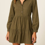 ZARA  Olive Green Tiered Mini Dress Corduroy Collared Long Sleeve – Size M Photo 0