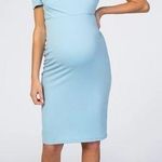 Pinkblush Light Blue Solid Off Shoulder Fitted Dress Photo 0