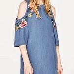 ZARA denim collection floral embroidered & beaded cold shoulder dress size small Photo 1