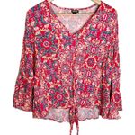 Torrid  Red Rayon Slub Tie-Front Top with oriental floral print size 2X Photo 1