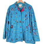 The Quacker Factory Turquoise Beaded Floral Embroidered Cotton Jacket Size 1X Blue Photo 0