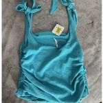 Free People NEW  Boulevard Bow Tie Strap Ruched Sides Cotton Rib Tank Top Aqua S Photo 7