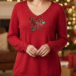 Quacker Factory  Red Sequin Poinsettia Holiday‎ Christmas Pullover Sweater LARGE Photo 0