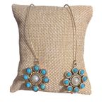 Vintage Gold Tone Drop Earrings Faux Turquoise Pearl Flower Estate Long Hook 3" Photo 0
