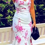 FEHAUTE Pink Floral Mermaid Skirt V Neck Sleeveless Mermaid Midi Dress Size 4 White Photo 2