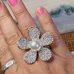 Silver Daisy Flower Stretch Ring Pave Crystal Faux Pearl Photo 5