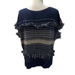 Dana Buchman  Blue & Cream Fringed Short Sleeve Cotton Sweater Photo 5