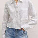 ME+EM Cheesecloth Cropped Shirt in soft white cotton dobby with a patch pocket Size 6 Photo 0