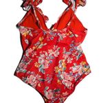 Jessica Simpson Chantilly Lace Frill Shoulder Red Floral One Piece Swimsuit Sz L Photo 1