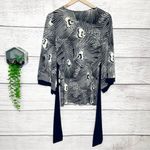 Navy Blue & White Boho Patterned Kimono Tie Back Blouse Top Size Large Photo 4