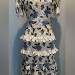 Just Me  Embroidered Lace white/Blue Floral Midi Dress size Medium Photo 0