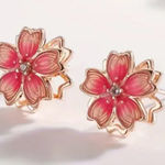Pink Floral Enamel Stud Earrings Gold Tone Blossom Flower Cute Dainty NWT Photo 0