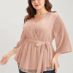 Bloomchic  Geometric Mesh Surplice Neck Belted Ruffles Blouse Sheer Pink 12 Photo 0