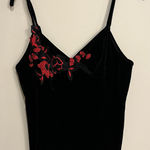 Delicates Black Velvet Cami Tank Red Floral Lace Accent  Medium Whimsigoth Sexy Photo 0