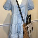 ZARA  Blue V-Neck Short Puff Sleeve Babydoll Dress w Tiered Skirt Sz MD Photo 2