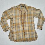 Vintage Western Bohemian Embroidered Plaid Shirt Long Sleeve Cabincore XL Tan Photo 0