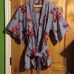 JOSIE NATORI Blue Pinstripe Floral Embroidery Tie Waist 3/4 Slv Robe EUC XS Photo 0