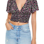 Forever 21  Black V Neck Floral Blouse Mid Cropped  Photo 0