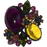 Colorful Floral Glass Cabochon Jelly Belly Black Japanned Vintage Pin/Brooch Black Photo 0