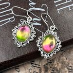 Vintage Neon Rainbow Glass Cabochon Reflective Stainless Steel Dangle Earrings Photo 7