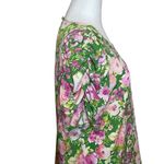 Pleione Green Pink Floral Blouse Ruched Short Sleeves Medium Garden Flower Roses Photo 2