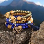 Blue Boho Chic Multilayer Wooden Beads Bracelet Tree of Life Elastic Bracelet Tan Photo 0