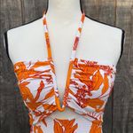Cupshe Woman’s Orange and White Floral One Piece Plunge Halter Swimsuit Size L Photo 3