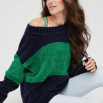 Aerie Offline by Navy Blue & Green Long Sleeve Crewneck Chenille Sweater Sz L Photo 0