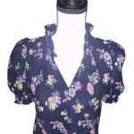 Loft Navy Blue Floral V neck Short Sleeve Blouse Puff Sleeves Photo 2