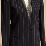 Dana Buchman Black/Navy Cream Pin Stripes Long 1 Button Wool Blazer Jacket Sz 2P Photo 4