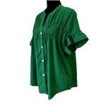 SheIn Kelly Green Button Front Blouse Ruched Ruffle Sleeve  Size Large Photo 2