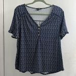 AUW  blue and white v-neck shirt blouse gold buttons size large Photo 0