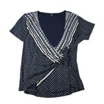 Lucky Brand Blue Navy Hobo Printed V Neck Wrap Tie Cotton Modal Top Blouse Large Photo 0