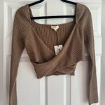 Boutique  Brown Ribbed Knit Crossover Cropped Sweater Photo 1