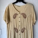 Vintage Embroidered Paisley Button Front‎ Dress Tan Beige Boho Midi L Size L Photo 1