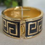 Boutique Gold Filled Greek Key Clamper Hinge Bracelet Gold And Black Enamel Photo 2