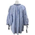 ZARA  Blue White Striped Embroidered Tie Neck Tassels Long Sleeve Blouse Top Sz M Photo 2